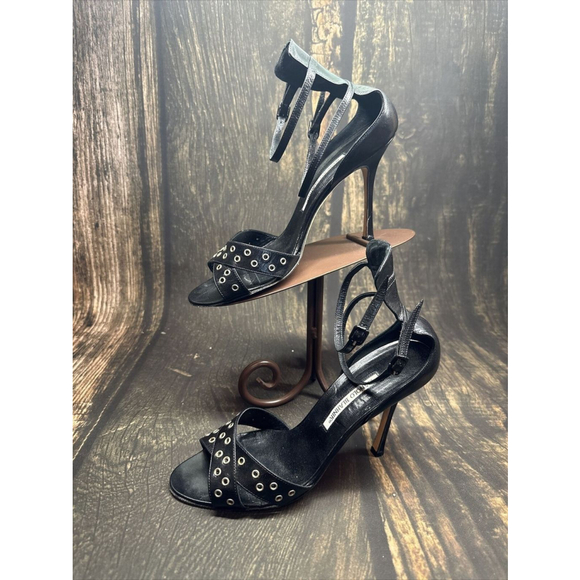 Manolo Blahnik Shoes - Manolo Blahnik Women Black Leather Double Ankle Strap High Heels Shoes Size 39.5